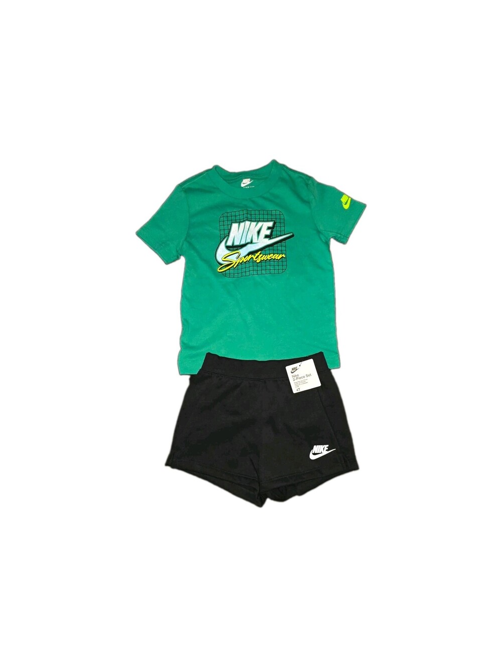 Nike 4T 2pc Outfit Set Green Graphic Logo Short Sleeve Tee & Black Shorts